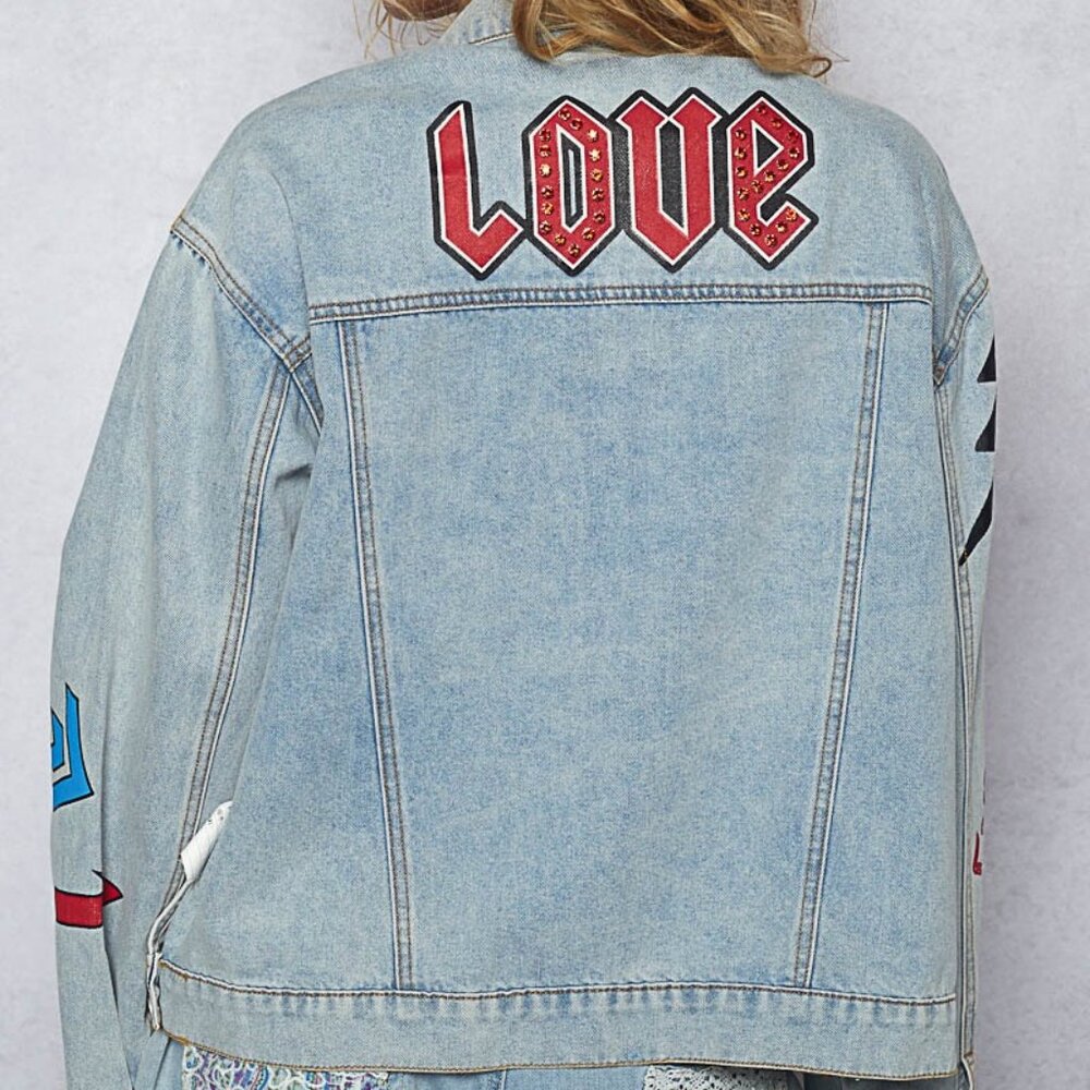 New Pol Patchwork Blue Denim Jacket Patchwork Love Hearts Relaxed Fit Cotton - Picture 6 of 13